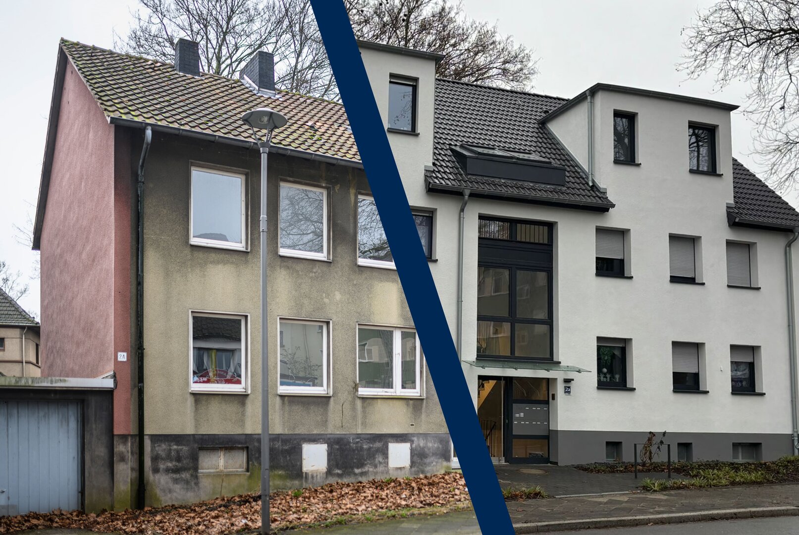 Die Fischerstraße 2 a-c vor der Modernisierung (links) und nach der Modernisierung (rechts)