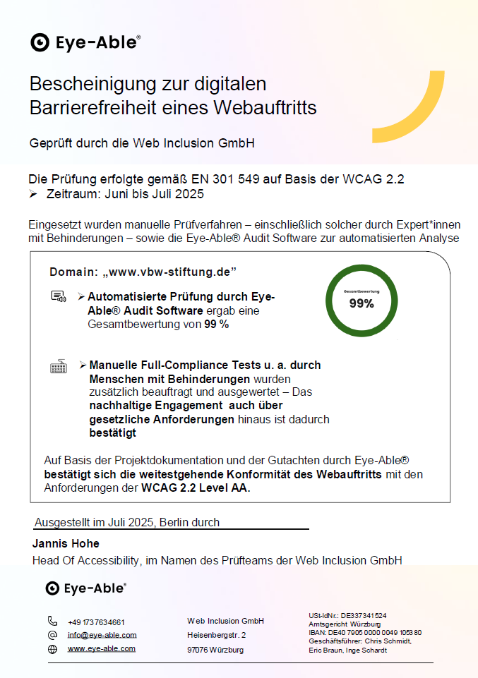 Bescheinigung zur digitalen Barrierefreiheit - Zertifikat von Eye-Able